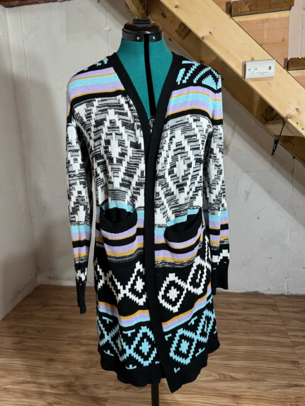 No Boundaries Patterned Open-Front Cardigan Sweater in Black, White & Pastel - Picture 2 of 11